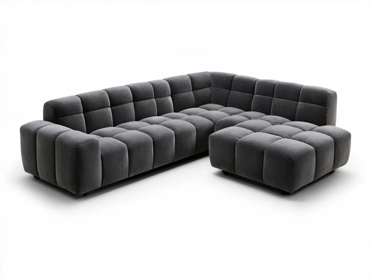 Grafitowa sofa modułowa w kształcie U z pufą, aksamit poliestrowy, 350 x 220 x 75 cm