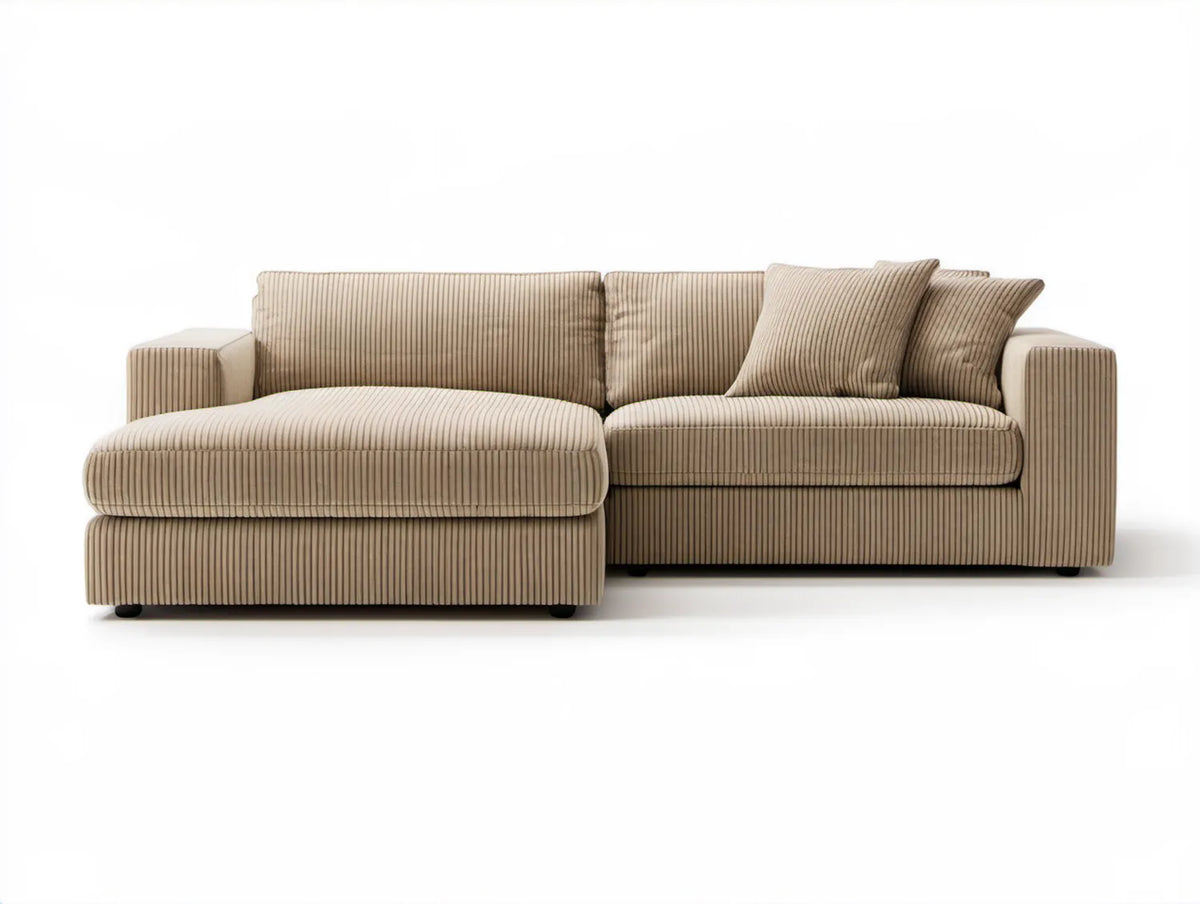 Beżowa sofa narożna z lewym szezlongiem, sztruksowa, 260 × 160 × 85 cm