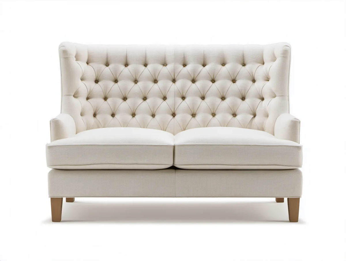 Kremowa sofa dwuosobowa pikowana z drewnianymi nogami 160 x 90 x 105 cm