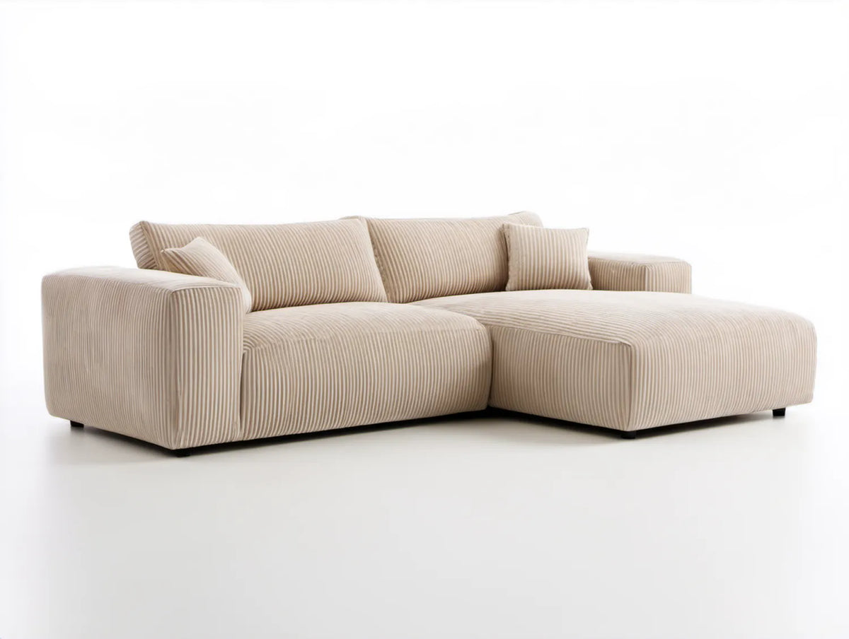 Kremowa sofa narożna prawostronna z szezlongiem, prążkowana, 280 x 170 x 82 cm
