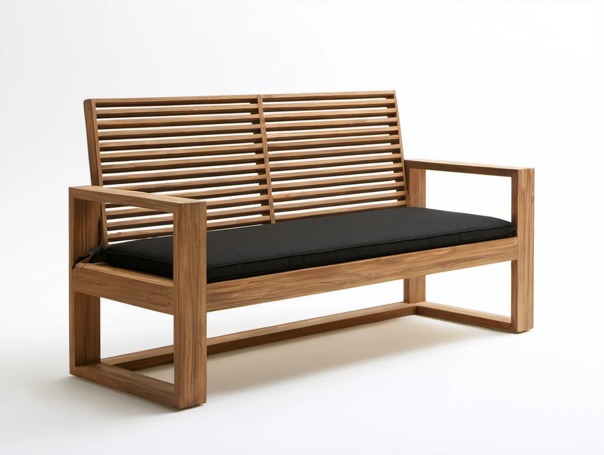 Dwuosobowa ławka ogrodowa z litego drewna tekowego brązowa z czarną poduszką 140 x 65 x 85 cm