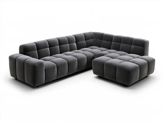 Grafitowa sofa modułowa w kształcie U z pufą, aksamit poliestrowy, 350 x 220 x 75 cm