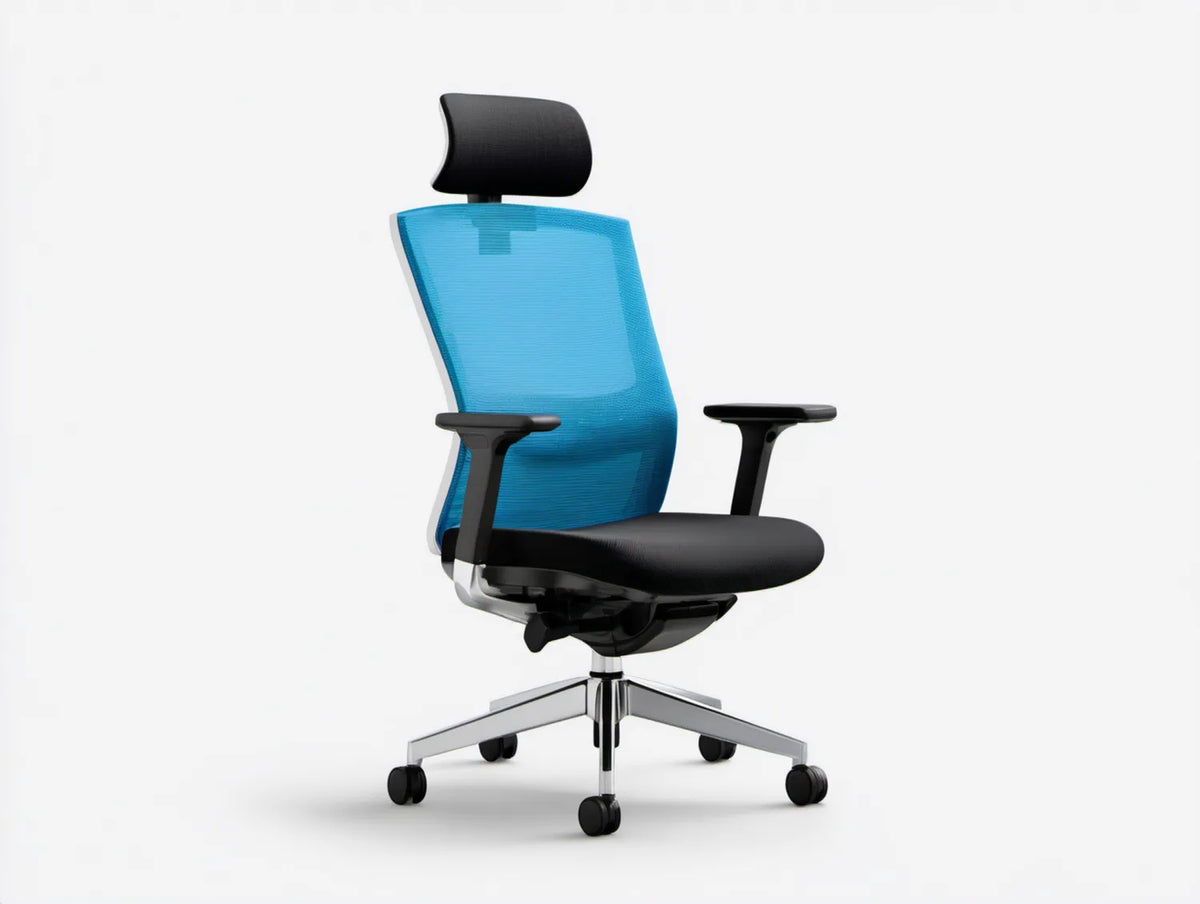 Ergonomiczne krzesło biurowe niebiesko-czarne z siatkowym oparciem i zagłówkiem, 66 x 66 x 116–126 cm
