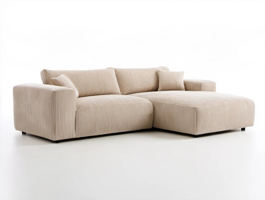 Kremowa sofa narożna prawostronna z szezlongiem, prążkowana, 280 x 170 x 82 cm
